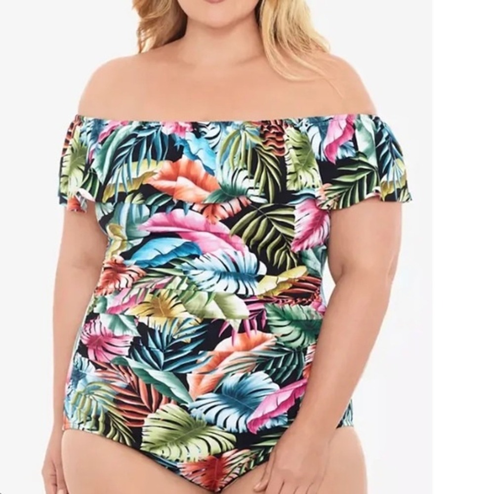 Swim Solutions Tummy Control Tropical Print One Piece‎ Swimsuit Size 24W